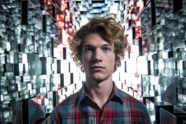 Photo a young man with curly hair standing in front of a mirror