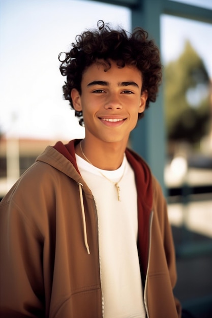 a young man with curly hair and a white shirt is smiling.