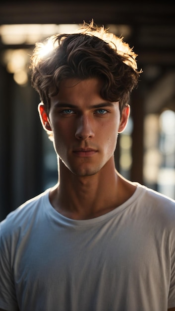 Young man with dark brown hair and ice blue eye