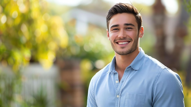 A young man with dark hair and light blue eyes is smiling He is wearing a blue shirt and is standing outside The background is blurred