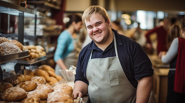 Young man with Down syndrome working in a bakery AI Generated