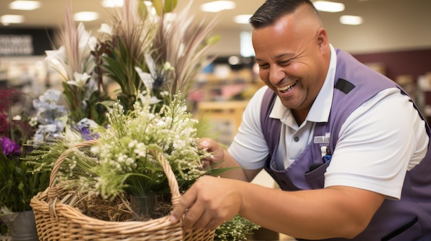 Photo young man with down syndrome working in garden centre carrying basket with plants