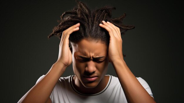 a young man with dreadlocks on his head