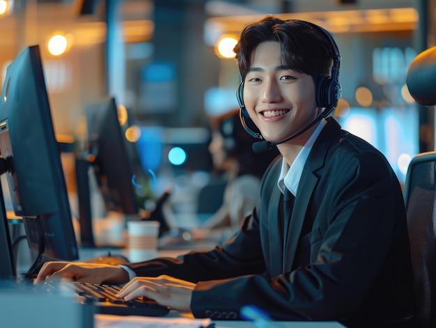 A young man with earphones in the office