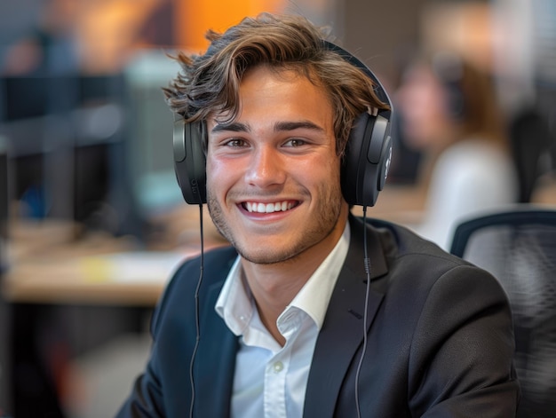 A young man with earphones in the office