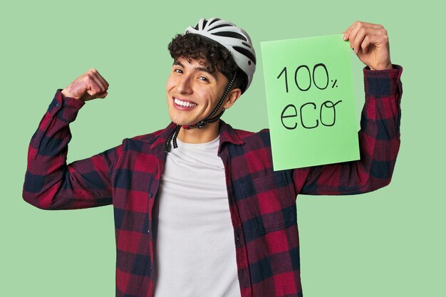 Young man with an Ecofriendly message delivered with a smile