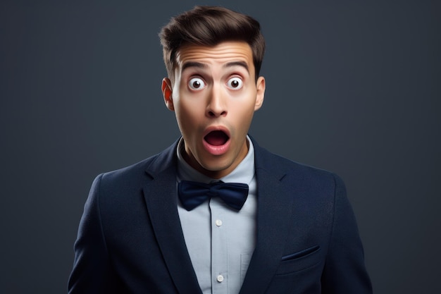 Photo young man with europan features dressed in suit is shocked solid background