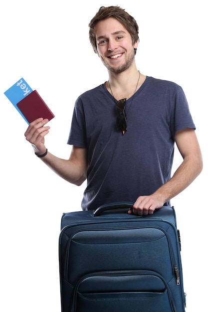 Young man with flight ticket flying travel traveling vacation holidays isolated