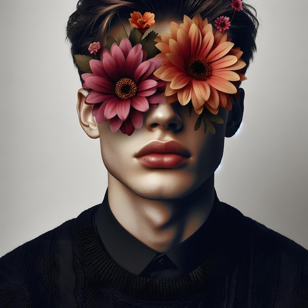 Young Man with Flower Head Artistic Color Graphic