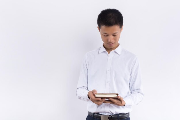 Young man with folder isolated on white background