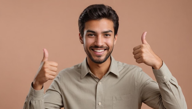 Молодой человек с дружелюбной улыбкой поднимает большой палец вверх. Студийный снимок с сплоченным персиковым фоном.