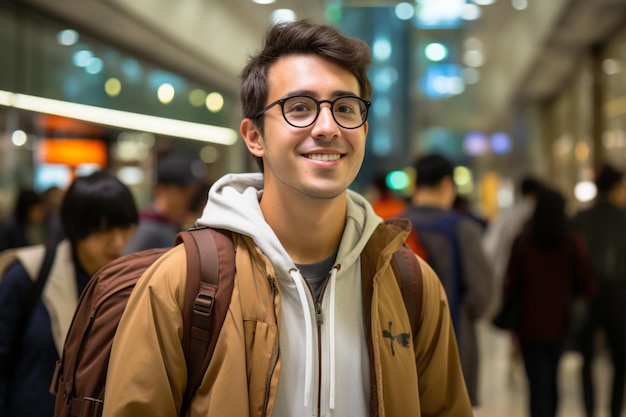 a young man with glasses and a backpack in an airport