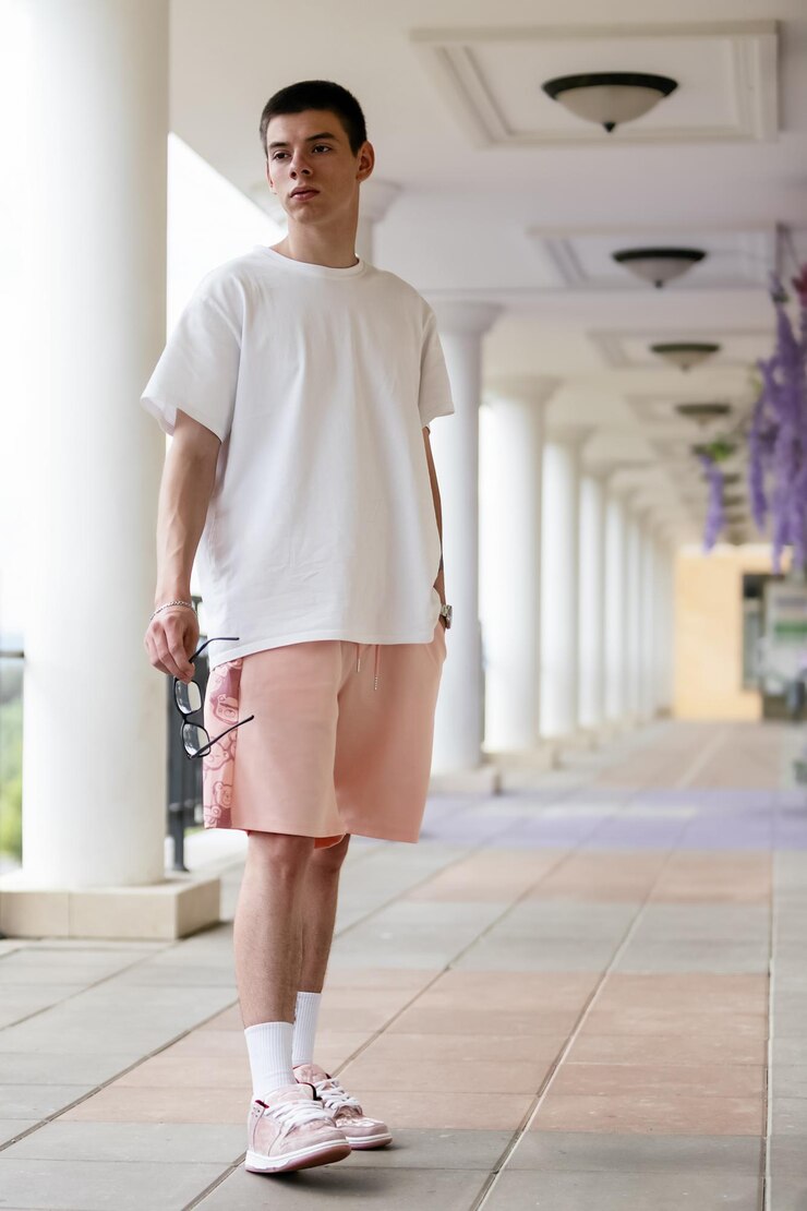 街でファッショナブルな夏服を着たメガネをかぶった若い男
