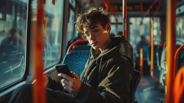 Photo a young man with glasses is sitting on a bus looking at his phone he has a pensive expression on his