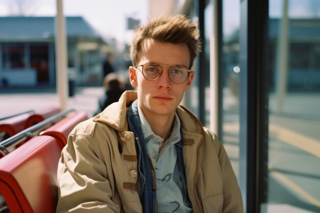 a young man with glasses sitting on a bench