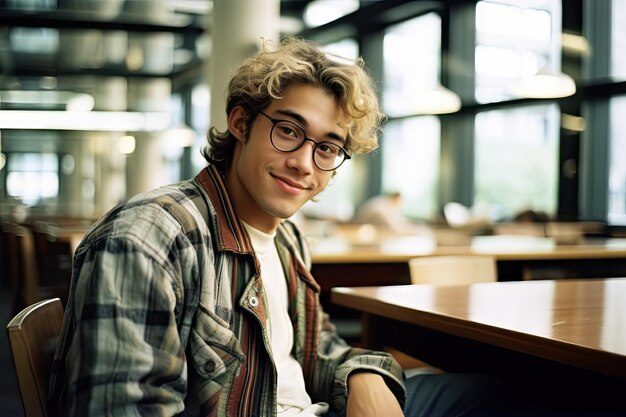 Photo a young man with glasses sitting at a table in a coffee shop looking into the camera lens and smiling