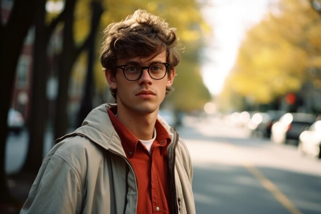 a young man with glasses standing on a street