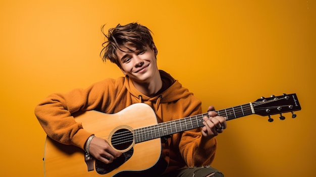 A young man with a guitar on his lap sits on a yellow background.