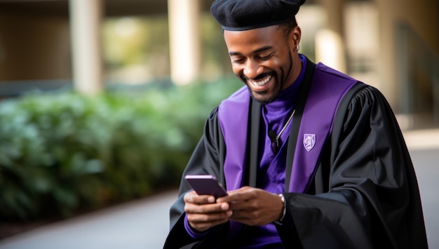 Young man with headphones holding a folder while looking at phone