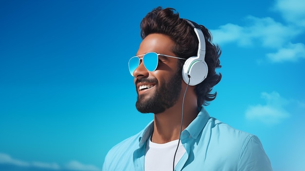 Photo young man with headphones and sunglasses