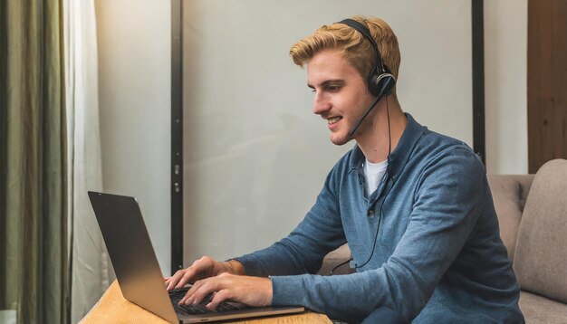 Young man with headset telecommuting