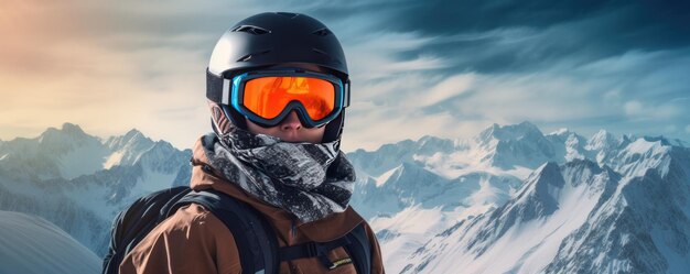 A young man with a helmet and ski goggles snowy mountains in the background Generative AI