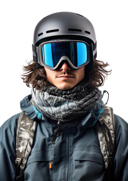 Молодой человек с шлемом и лыжными очками снежные горы на заднем плане Генеративный ИИ