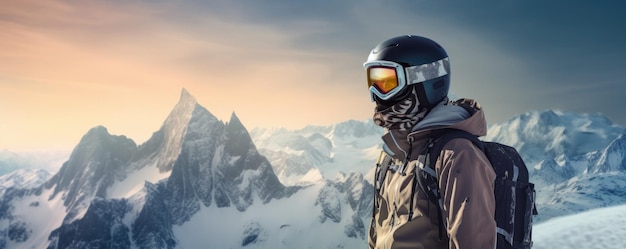 헬 ⁇ 과 스키 안경을 입은 젊은 남자가 배경에 눈  ⁇ 인 산을  ⁇ 고 있습니다.