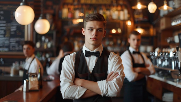 a young man with his arms crossed in front of a bar with other men in the background