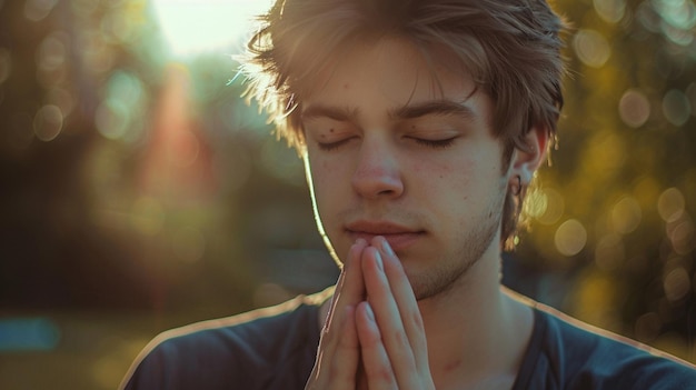 Photo a young man with his hands folded in prayer