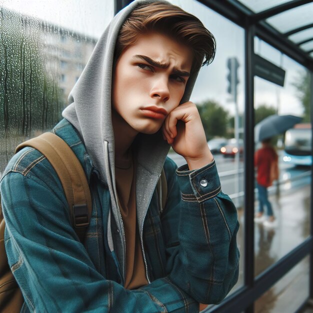 a young man with a hoodie stands in front of a window