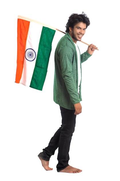 Young man with Indian flag or tricolor on white background