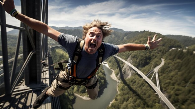 Photo young man with jumping rope on a mountain