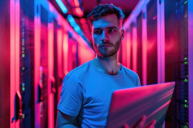 Young man with laptop in server room with supercomputer