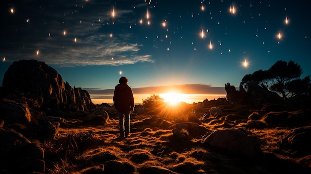 young man with light bulbs in dark night sky mixed media