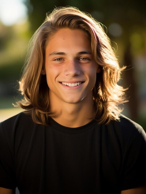 Photo a young man with long blonde hair and a black shirt that says  smile