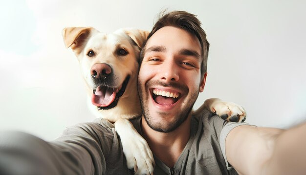 Young man with mobile phone and Labrador dog taking selfie on white background