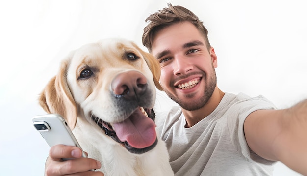 Young man with mobile phone and Labrador dog taking selfie on white background