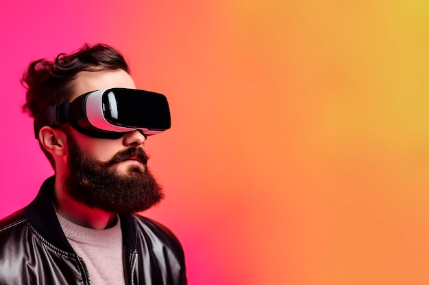 Young man with mustache wearing virtual reality simulator on gradient background