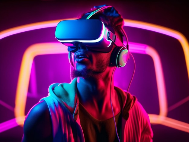 Young man with neon lights wearing VR headset and experiencing virtual reality metaverse