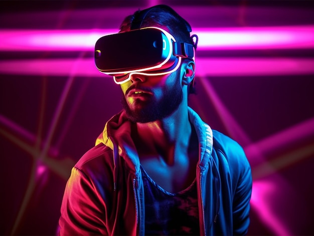 Young man with neon lights wearing VR headset and experiencing virtual reality metaverse