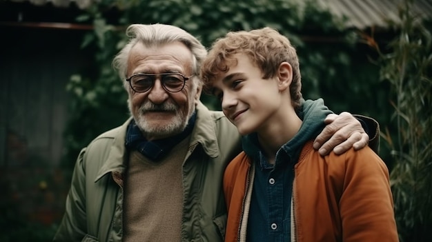 Young man with older father cuddling together Happy Father day