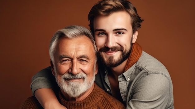 Young man with older father cuddling together Happy Father day