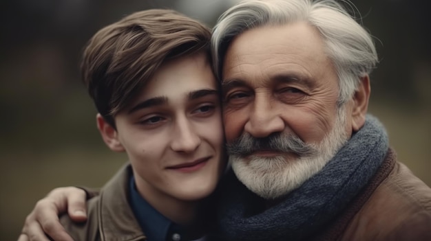 Photo young man with older father cuddling together happy father day