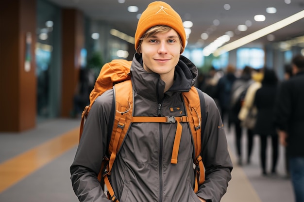 a young man with orsnge backpack in airport travel alone concept