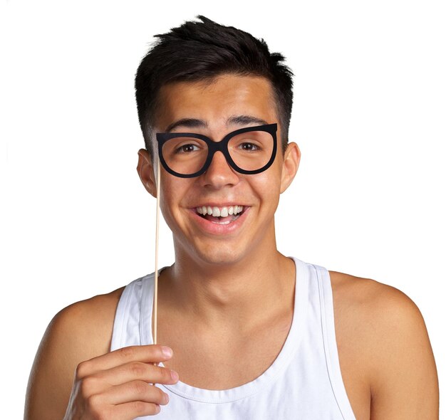 Young man with photo props