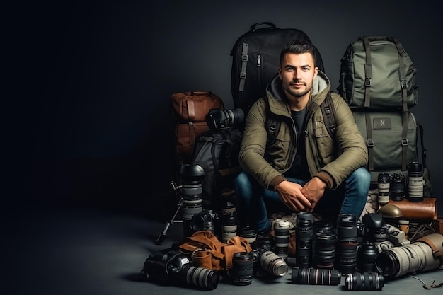 Photo young man with photographer traveler wit hudge backpack with photo equipment lot of lenses cameras
