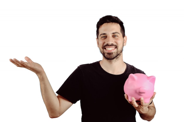 Young man with piggy bank