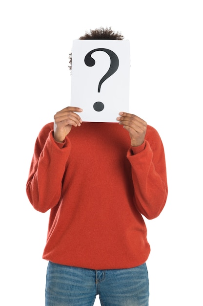 Photo young man with question mark signboard