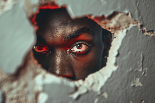 Young Man With Red Eyes Peeking Through Wall Hole